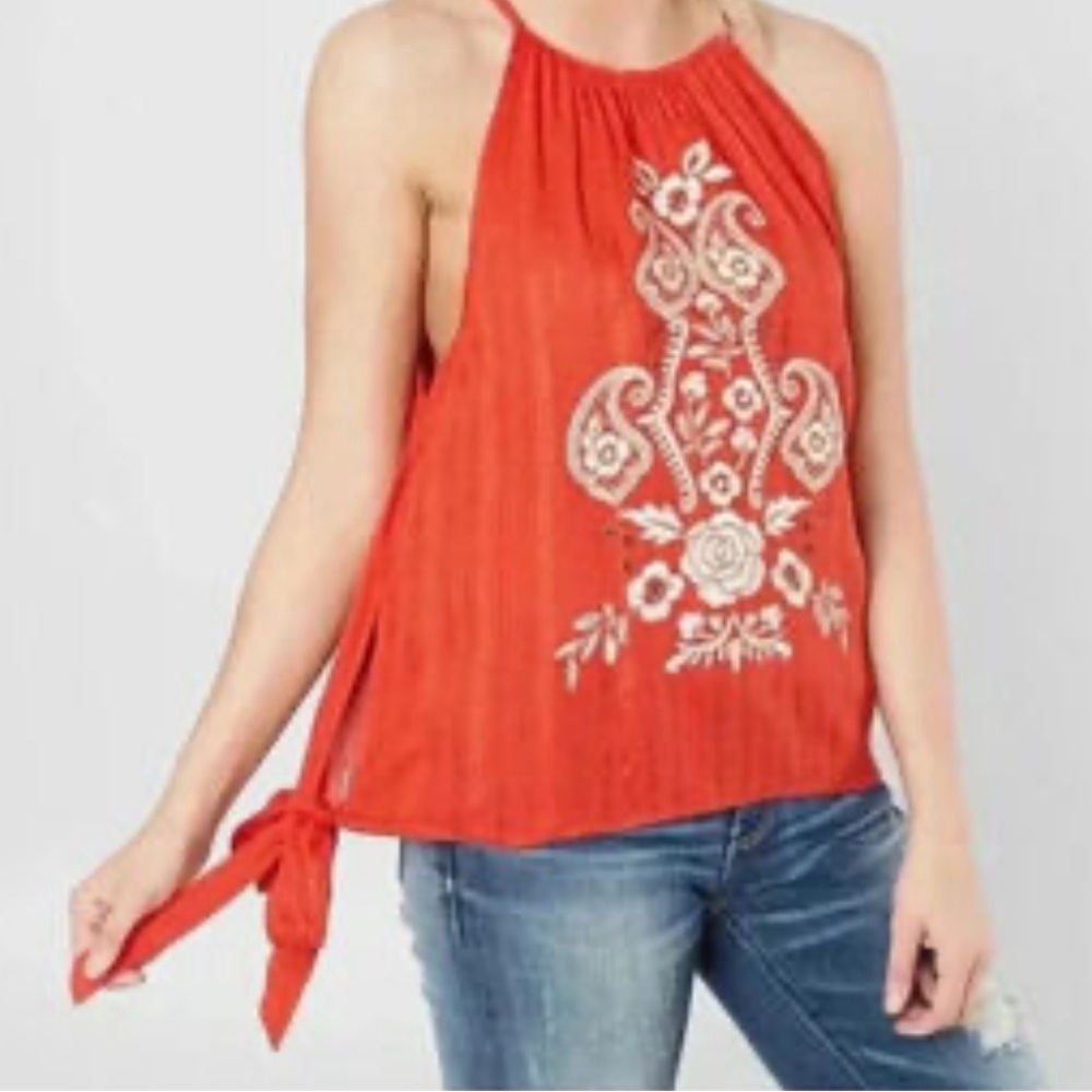 Buckle Red Embroidered Halter Blouse
